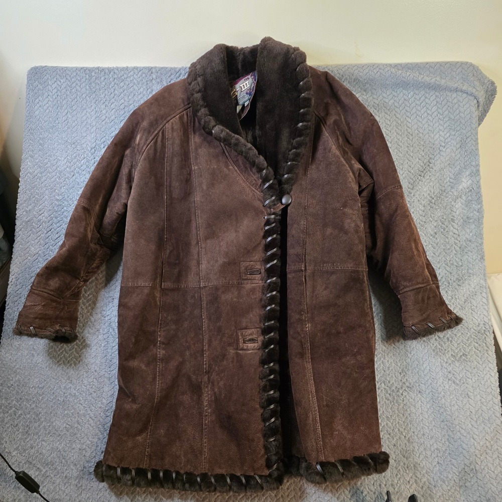 Womens G-III Real Suede Leather Coat Long Brown Faux Shearling Western Ranch M
